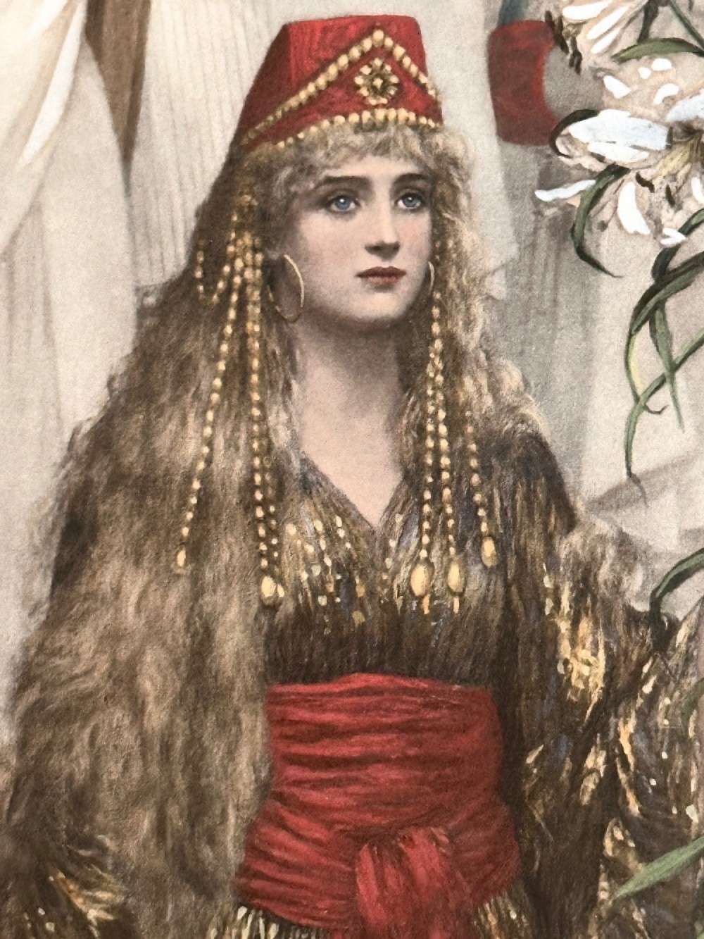 An antique photogravure print titled The Kings Daughter housed within a custom Art Nouveau timber frame featuring painted palm motifs. View III