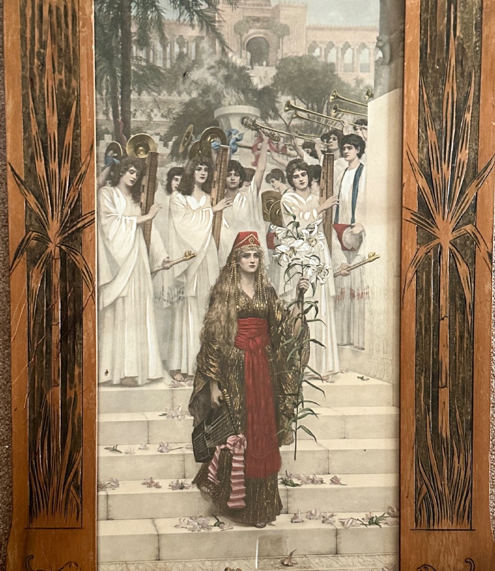 An antique photogravure print titled The Kings Daughter housed within a custom Art Nouveau timber frame featuring painted palm motifs. View II
