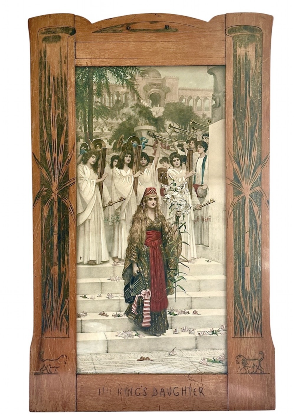 An antique photogravure print titled The Kings Daughter housed within a custom Art Nouveau timber frame featuring painted palm motifs. View IV
