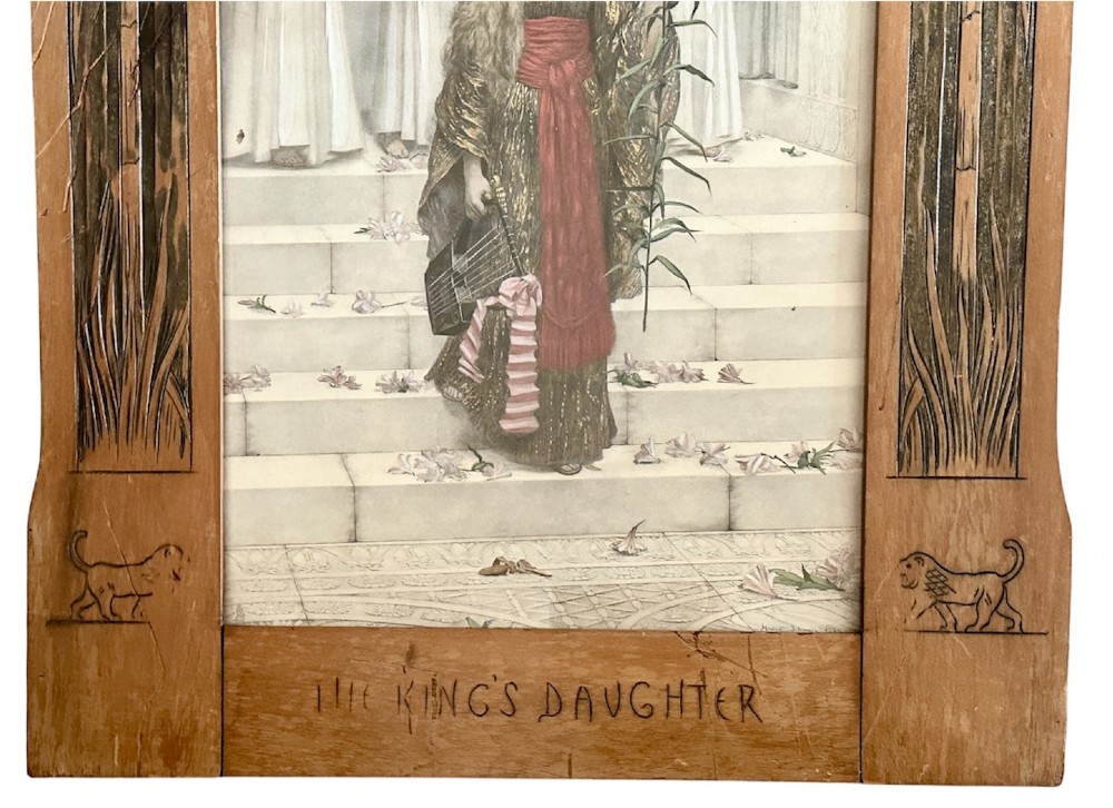 An antique photogravure print titled The Kings Daughter housed within a custom Art Nouveau timber frame featuring painted palm motifs. View V
