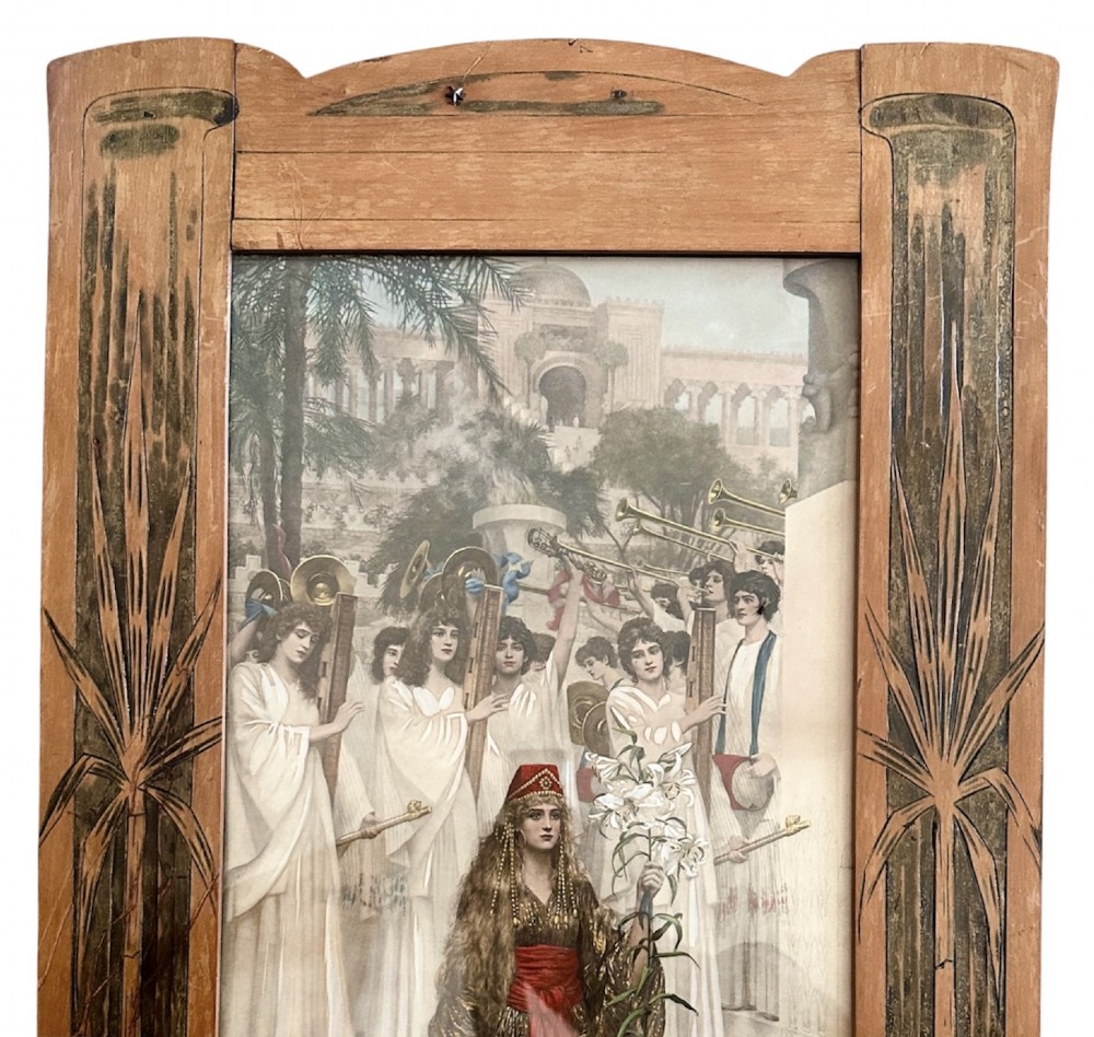 An antique photogravure print titled The Kings Daughter housed within a custom Art Nouveau timber frame featuring painted palm motifs. View VI