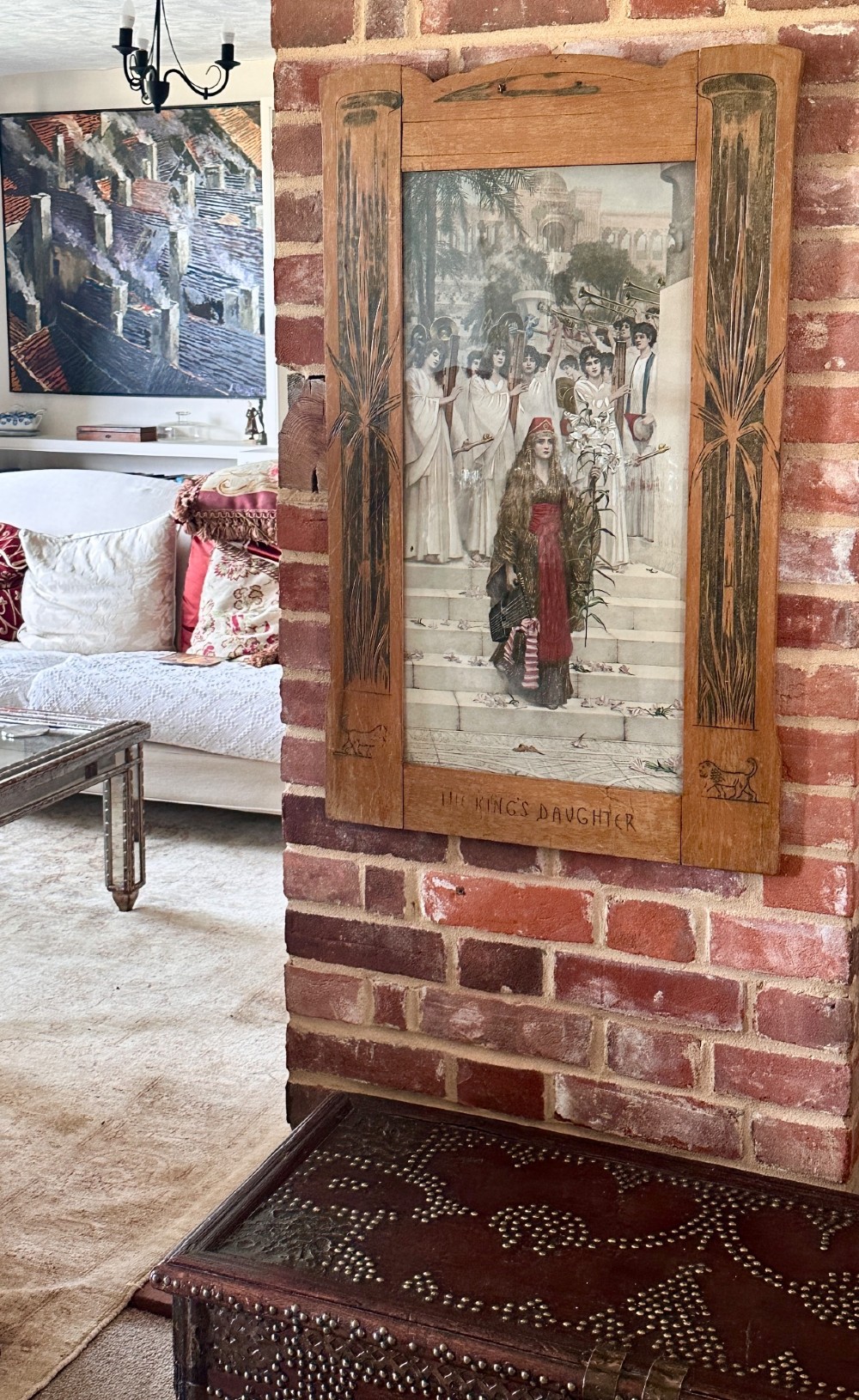 An antique photogravure print titled The Kings Daughter housed within a custom Art Nouveau timber frame featuring painted palm motifs. View VIII