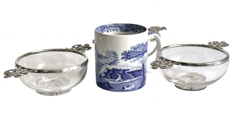 A set of three clear glass bowls featuring sterling silver rims and pierced scroll handles. View VIII