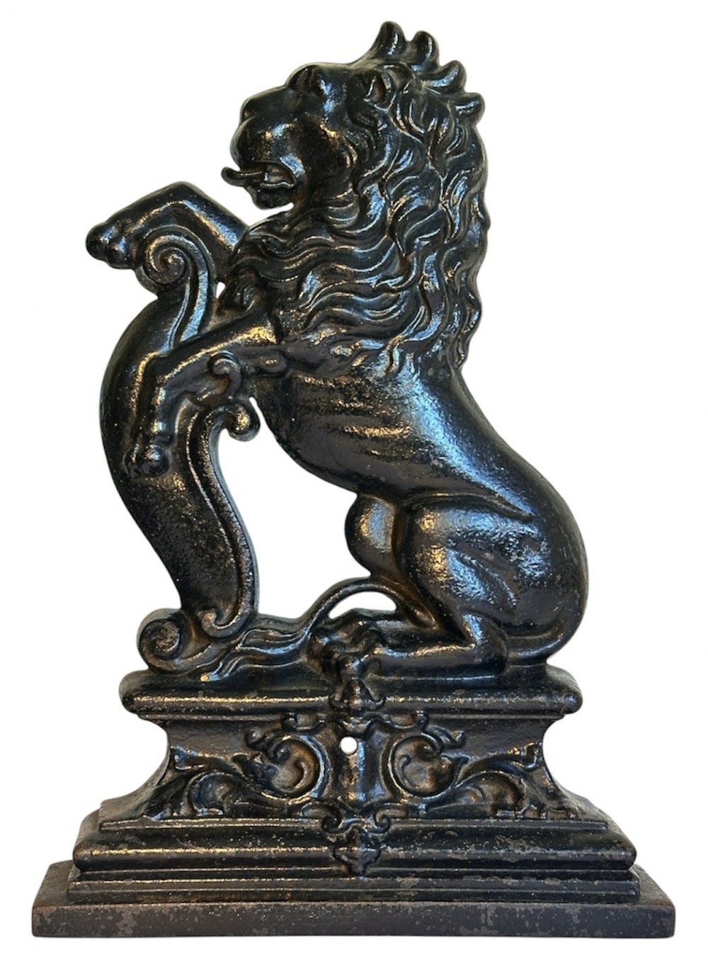 A side profile view of a dark cast iron doorstop depicting a rampant lion mounted on a stepped rectangular base. View II