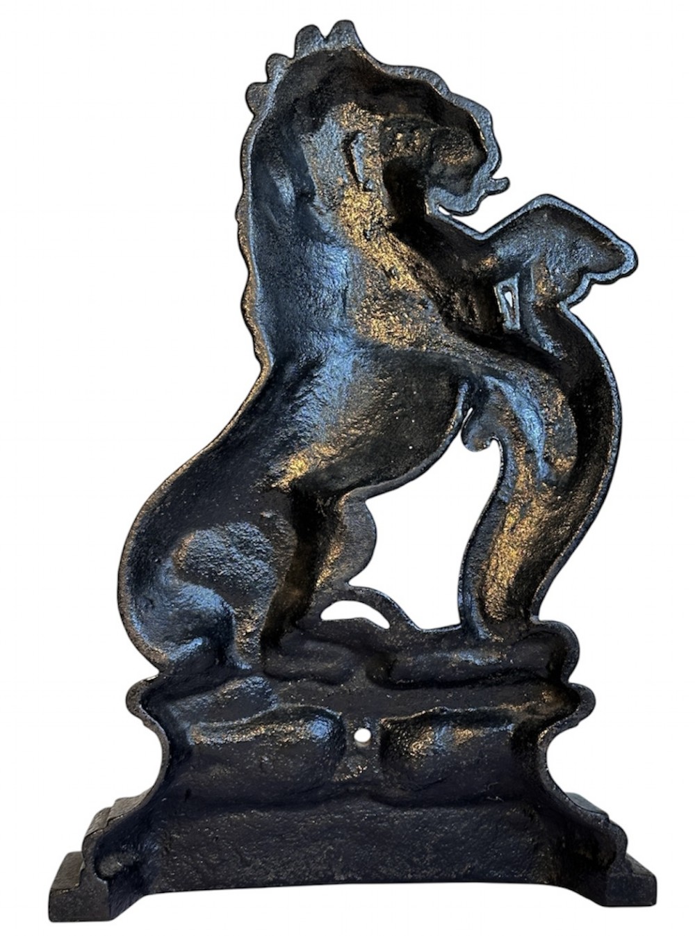 A side profile view of a dark cast iron doorstop depicting a rampant lion mounted on a stepped rectangular base. View III