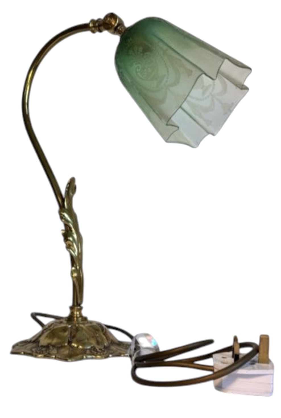 An Edwardian brass desk lamp featuring a curved swan-neck stem with leaf motifs and a frilled green etched glass shade. View II