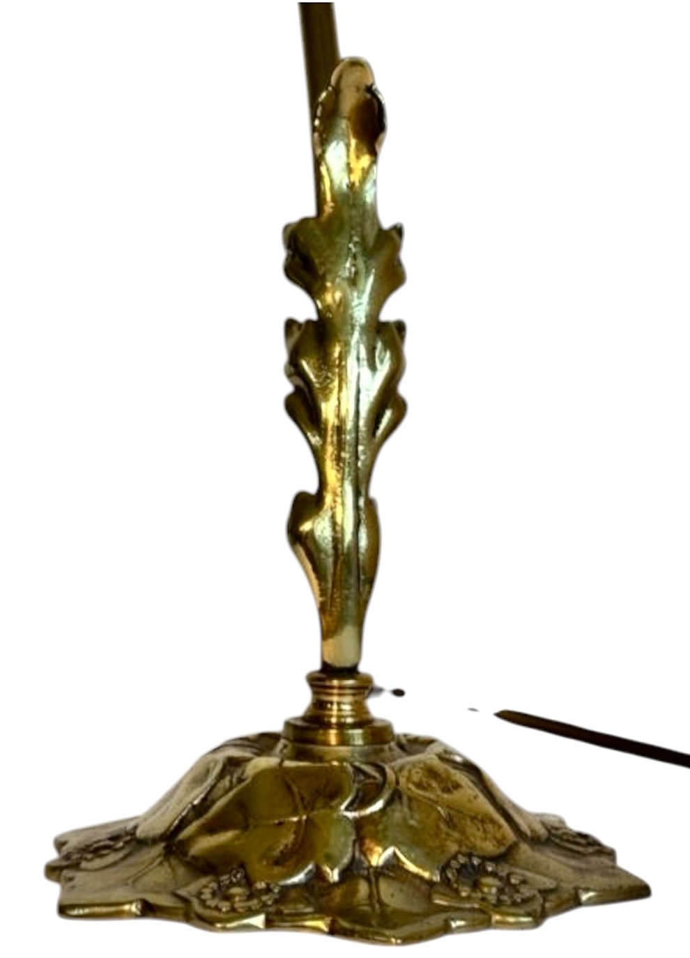 An Edwardian brass desk lamp featuring a curved swan-neck stem with leaf motifs and a frilled green etched glass shade. View III