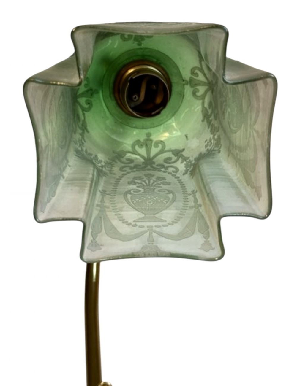 An Edwardian brass desk lamp featuring a curved swan-neck stem with leaf motifs and a frilled green etched glass shade. View IV