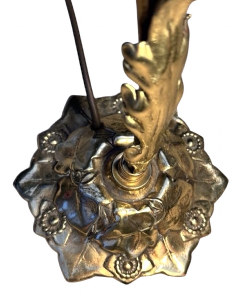 An Edwardian brass desk lamp featuring a curved swan-neck stem with leaf motifs and a frilled green etched glass shade. View VII