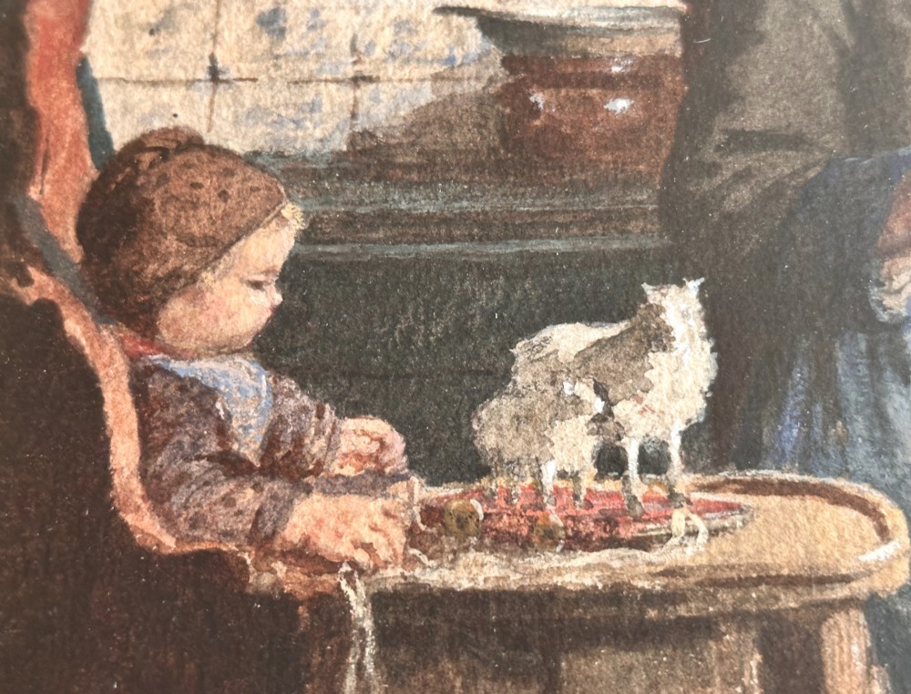 A framed 19th-century watercolour painting depicting a woman seated beside a child in a traditional Dutch kitchen interior with a tiled fireplace. View V