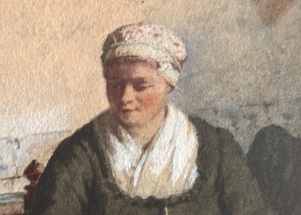 A framed 19th-century watercolour painting depicting a woman seated beside a child in a traditional Dutch kitchen interior with a tiled fireplace. View VI