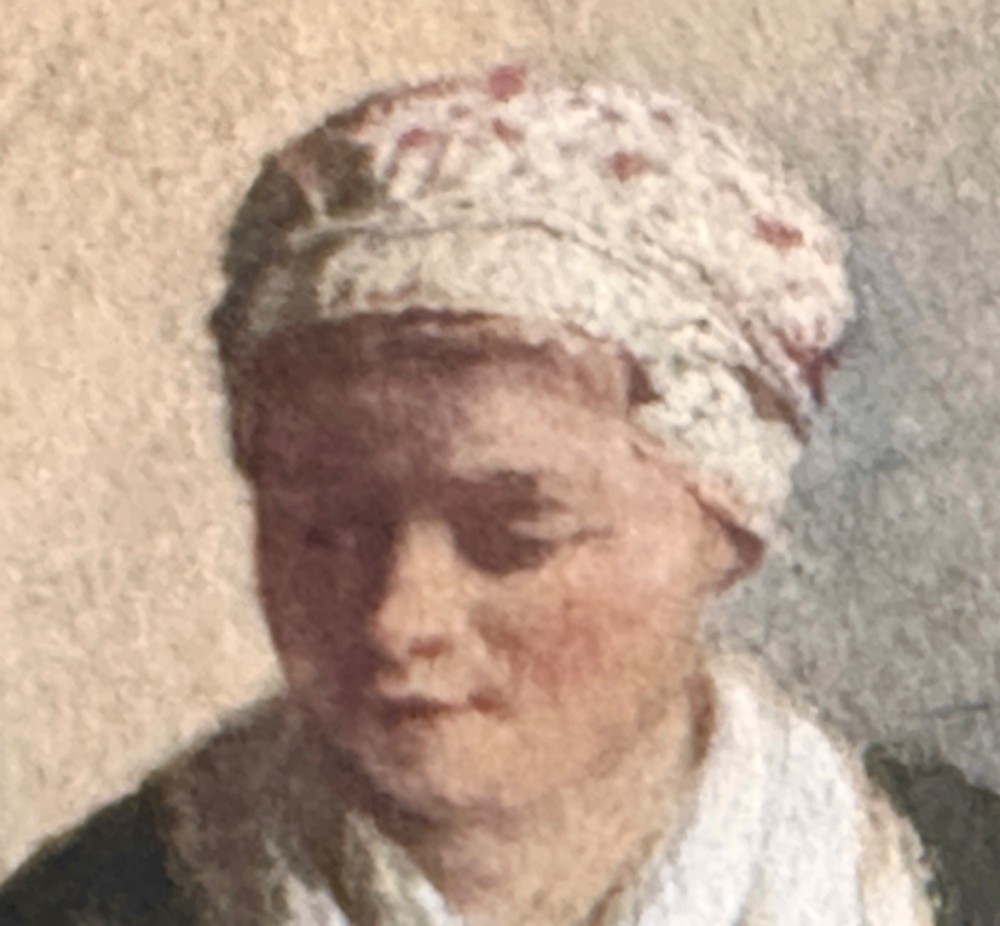 A framed 19th-century watercolour painting depicting a woman seated beside a child in a traditional Dutch kitchen interior with a tiled fireplace. View VII