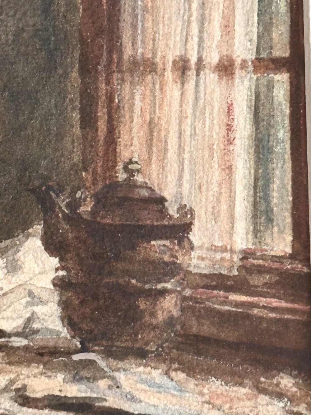 A framed 19th-century watercolour painting depicting a woman seated beside a child in a traditional Dutch kitchen interior with a tiled fireplace. View VIII