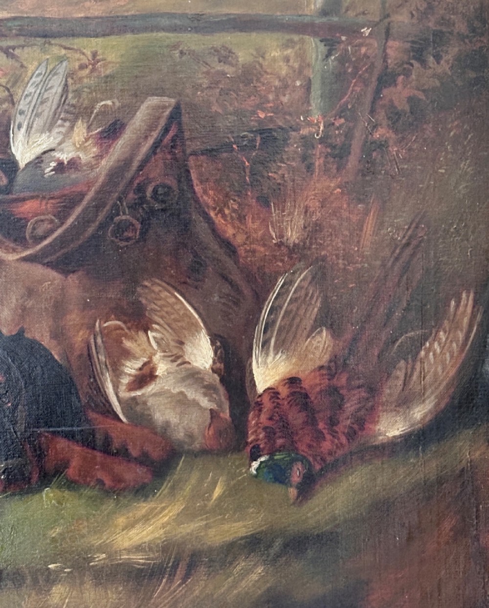 An oil painting on canvas depicting gun dogs lying beside harvested game birds in a rural landscape, framed in an ornate gold leaf frame. View V