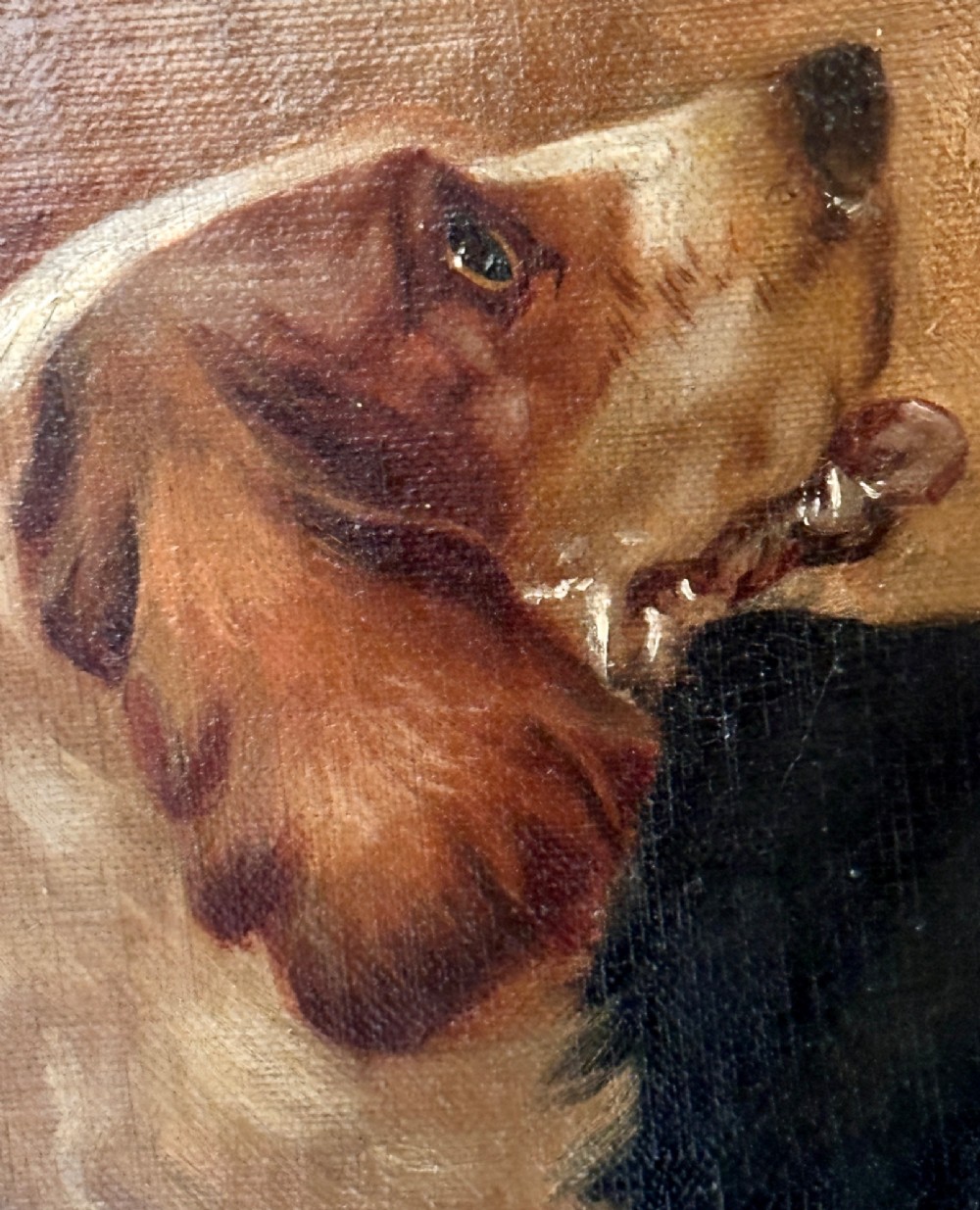 An oil painting on canvas depicting gun dogs lying beside harvested game birds in a rural landscape, framed in an ornate gold leaf frame. View VII