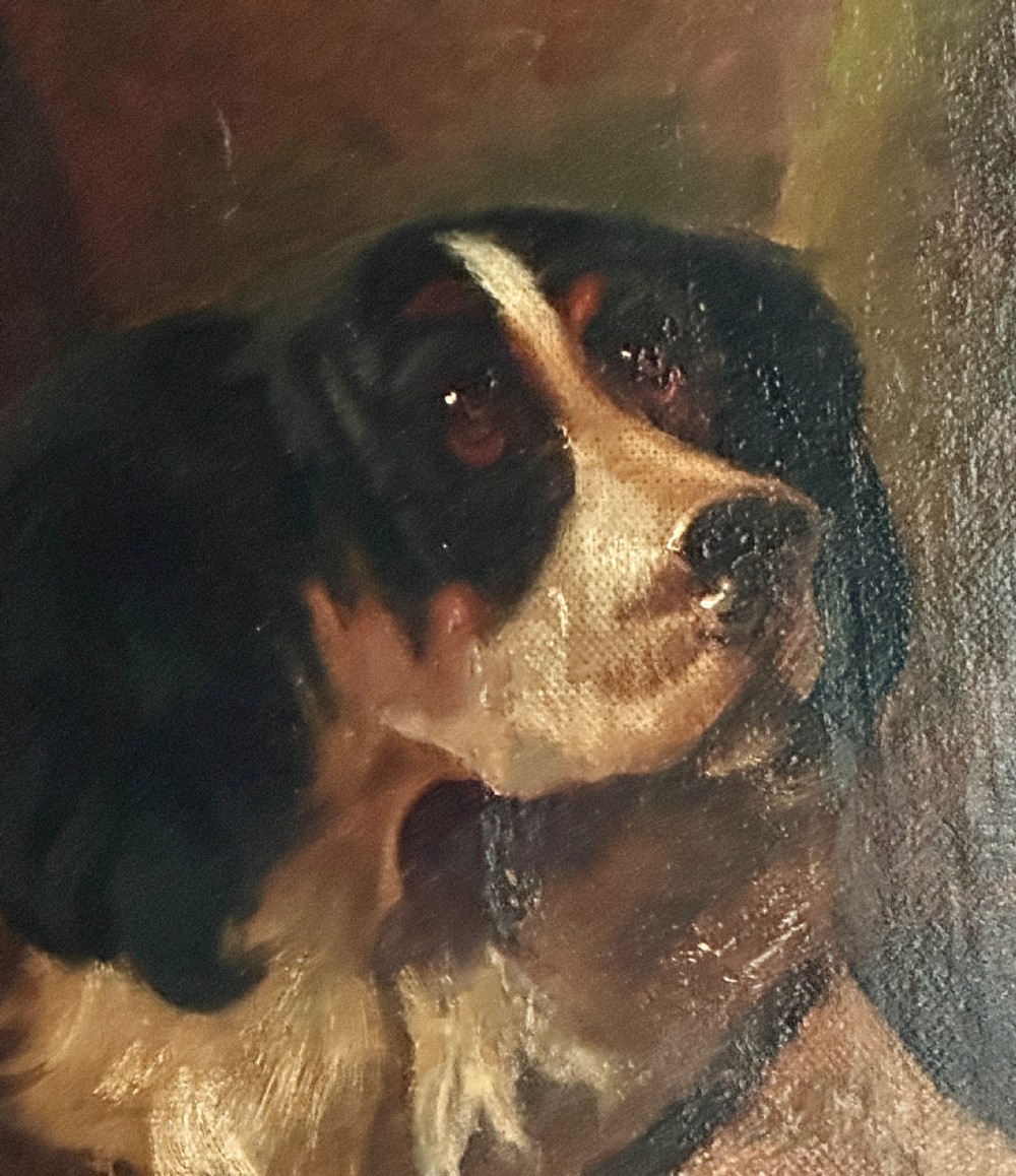 An oil painting on canvas depicting gun dogs lying beside harvested game birds in a rural landscape, framed in an ornate gold leaf frame. View IX