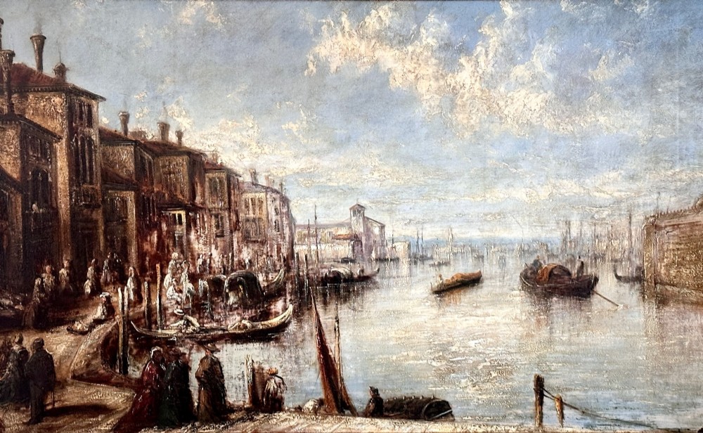 An antique oil painting depicting a Venetian canal with gondolas and historical buildings under a cloudy sky, enclosed in an ornate gold frame. View II