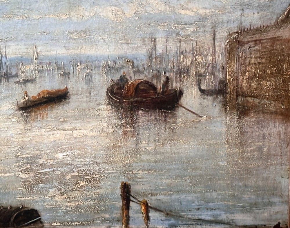 An antique oil painting depicting a Venetian canal with gondolas and historical buildings under a cloudy sky, enclosed in an ornate gold frame. View IV