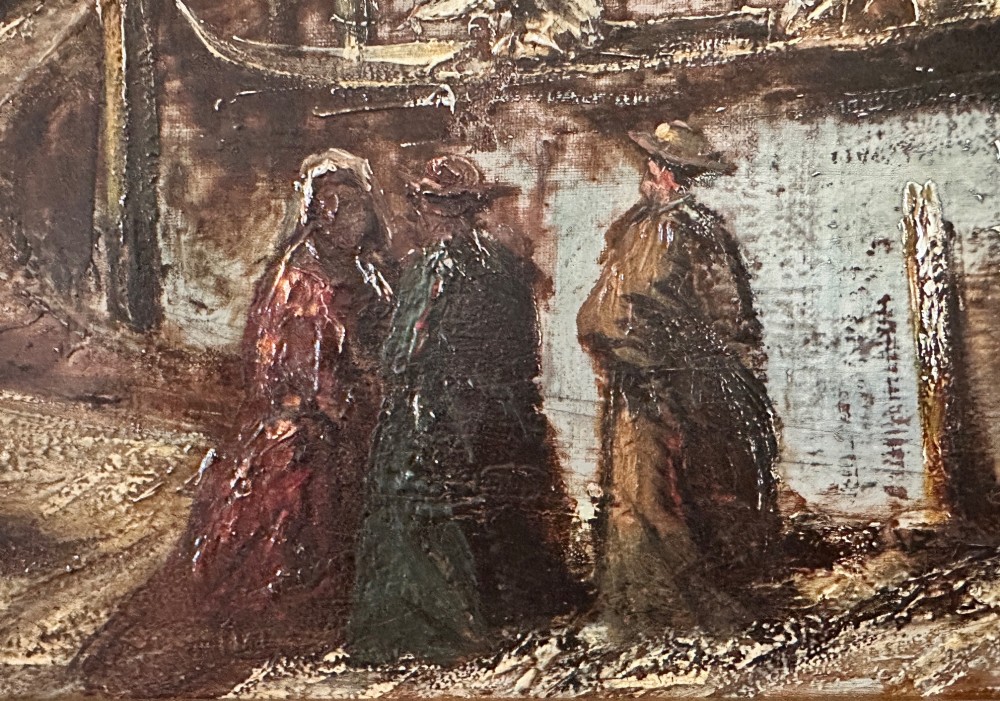 An antique oil painting depicting a Venetian canal with gondolas and historical buildings under a cloudy sky, enclosed in an ornate gold frame. View V