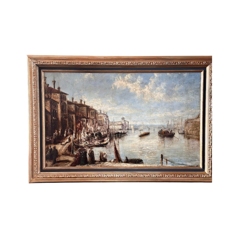 An antique oil painting depicting a Venetian canal with gondolas and historical buildings under a cloudy sky, enclosed in an ornate gold frame. View X