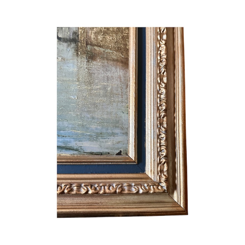 An antique oil painting depicting a Venetian canal with gondolas and historical buildings under a cloudy sky, enclosed in an ornate gold frame. View XI