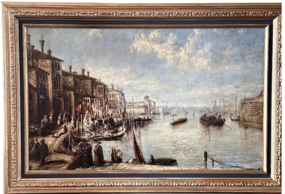 An antique oil painting depicting a Venetian canal with gondolas and historical buildings under a cloudy sky, enclosed in an ornate gold frame.