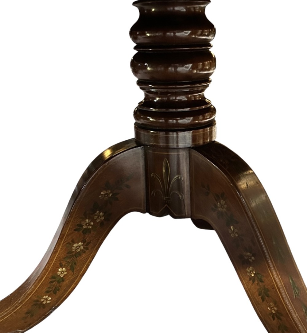 A circular antique mahogany drum table featuring a brown leather inset top, painted floral frieze drawers, and a central pedestal base on splayed legs with brass castors. View XIII