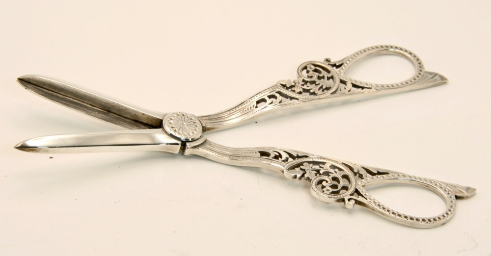 A pair of ornate silver grape scissors featuring pierced scrollwork handles, displayed inside an open blue velvet-lined fitted case. View III