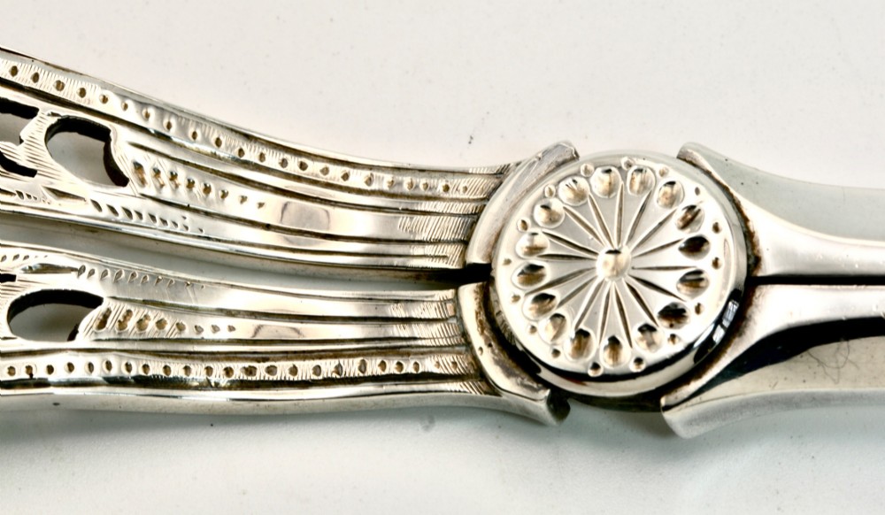 A pair of ornate silver grape scissors featuring pierced scrollwork handles, displayed inside an open blue velvet-lined fitted case. View VII