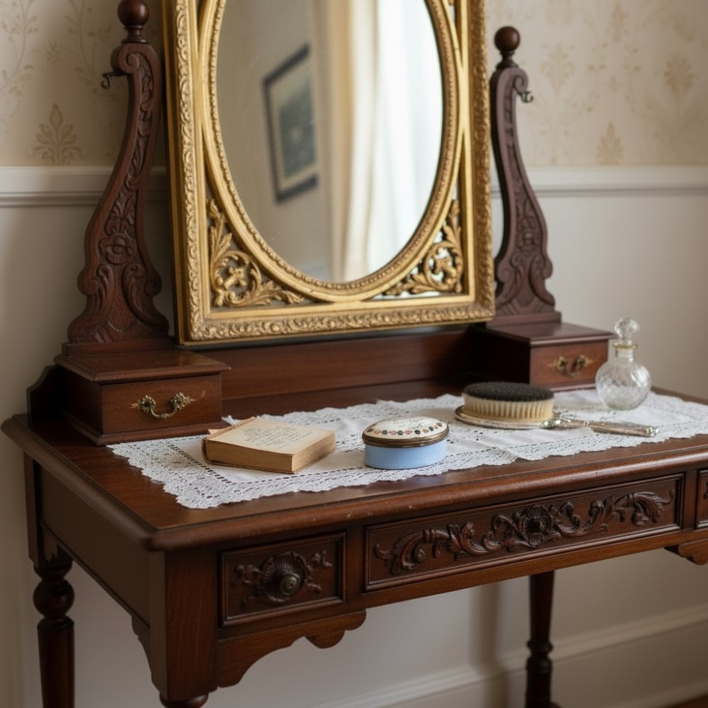 A pair of ornate silver grape scissors featuring pierced scrollwork handles, displayed inside an open blue velvet-lined fitted case. View X