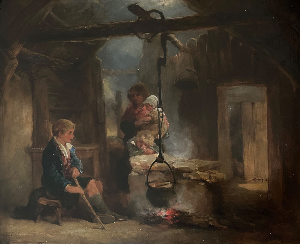 A framed Victorian oil painting depicting a rustic cottage interior with children gathered around an open hearth fire. View III