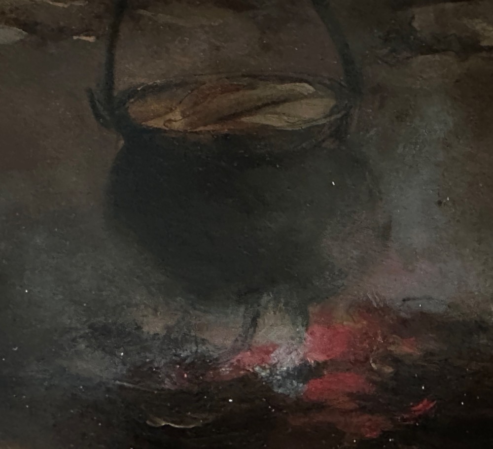A framed Victorian oil painting depicting a rustic cottage interior with children gathered around an open hearth fire. View VII