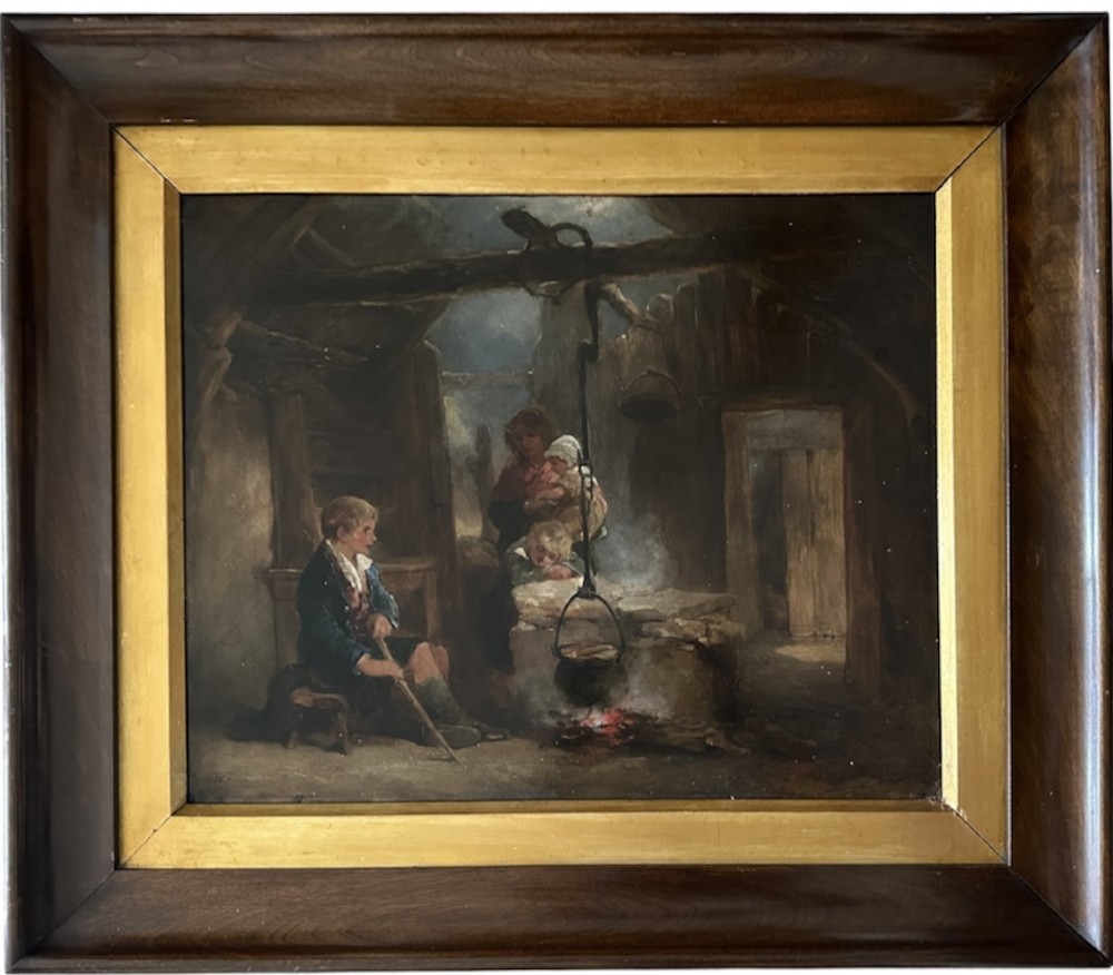 A framed Victorian oil painting depicting a rustic cottage interior with children gathered around an open hearth fire.