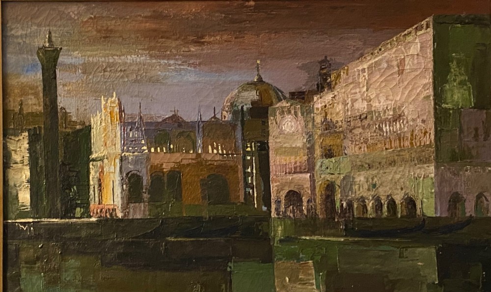 A framed mid-century oil painting on canvas depicting architectural structures along the Venetian canal in rich earth tones. View II