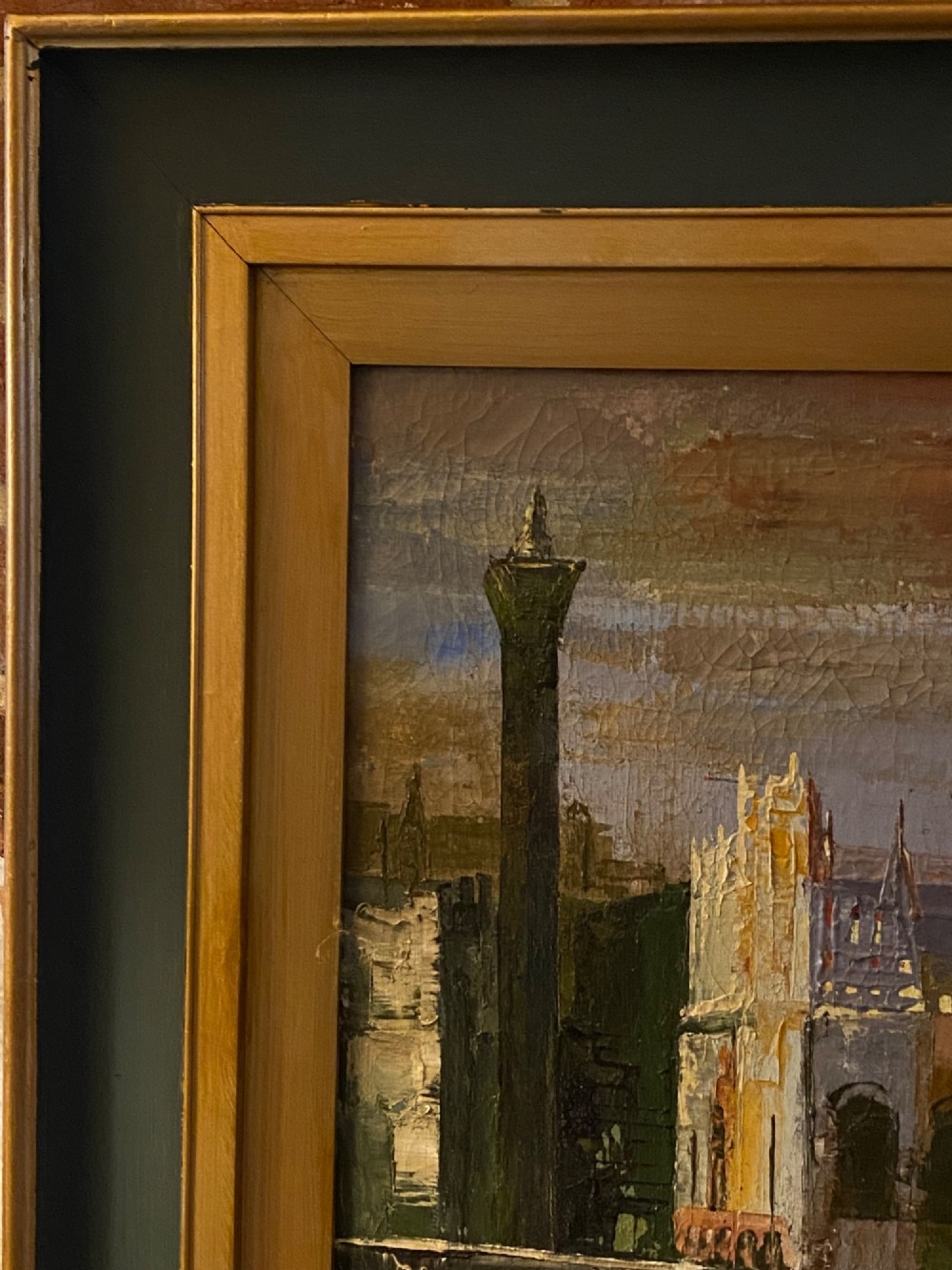 A framed mid-century oil painting on canvas depicting architectural structures along the Venetian canal in rich earth tones. View IV
