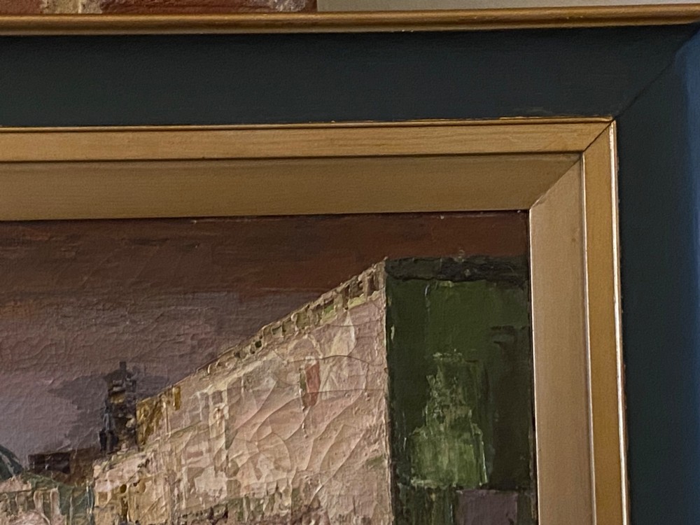 A framed mid-century oil painting on canvas depicting architectural structures along the Venetian canal in rich earth tones. View VI