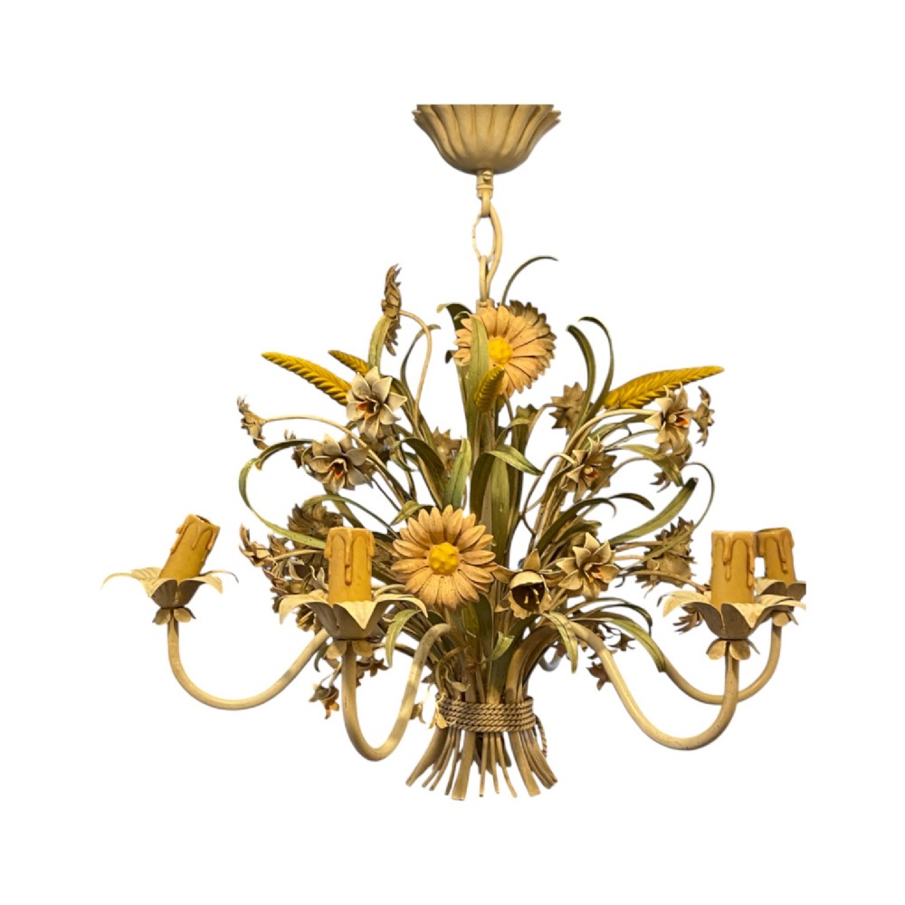 A pair of Italian painted metal toleware chandeliers featuring branching candle arms surrounded by sculpted painted foliage, wheat sheaves, and flowers. View IV