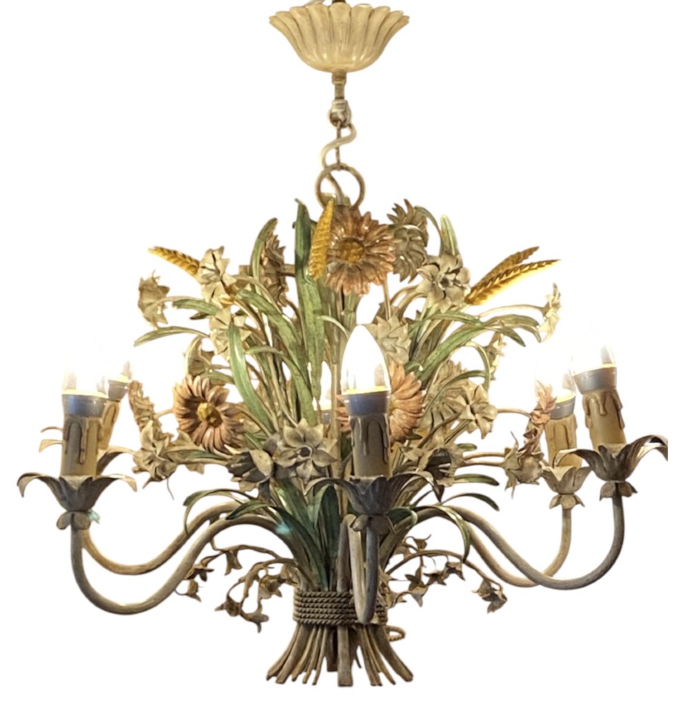 A pair of Italian painted metal toleware chandeliers featuring branching candle arms surrounded by sculpted painted foliage, wheat sheaves, and flowers. View VII