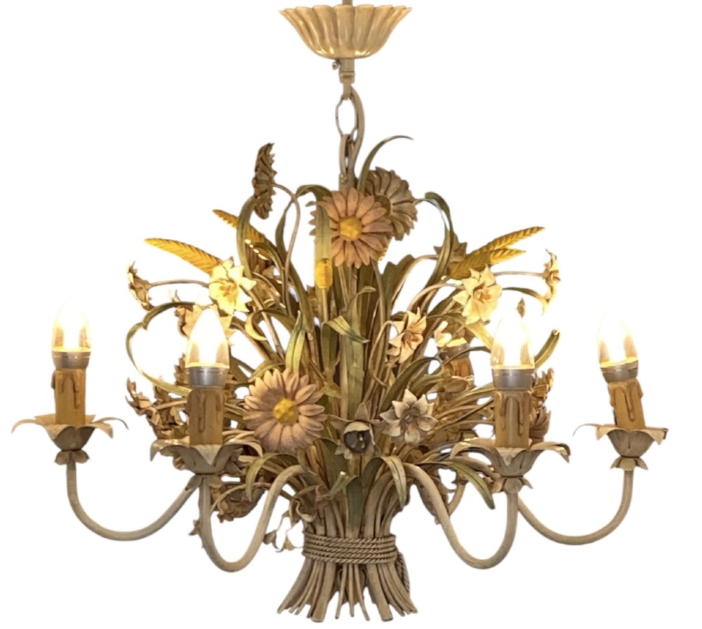A pair of Italian painted metal toleware chandeliers featuring branching candle arms surrounded by sculpted painted foliage, wheat sheaves, and flowers. View VIII