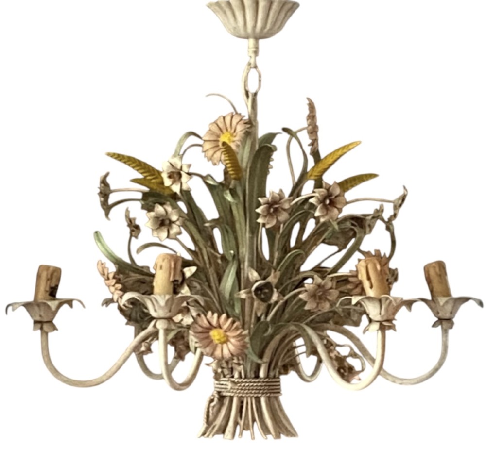 A pair of Italian painted metal toleware chandeliers featuring branching candle arms surrounded by sculpted painted foliage, wheat sheaves, and flowers. View IX