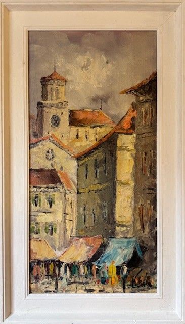 FRENCH MARKET SQUARE SCENE OIL ON CANVAS CIRCA 1960 ARTIST UNKNOWN
