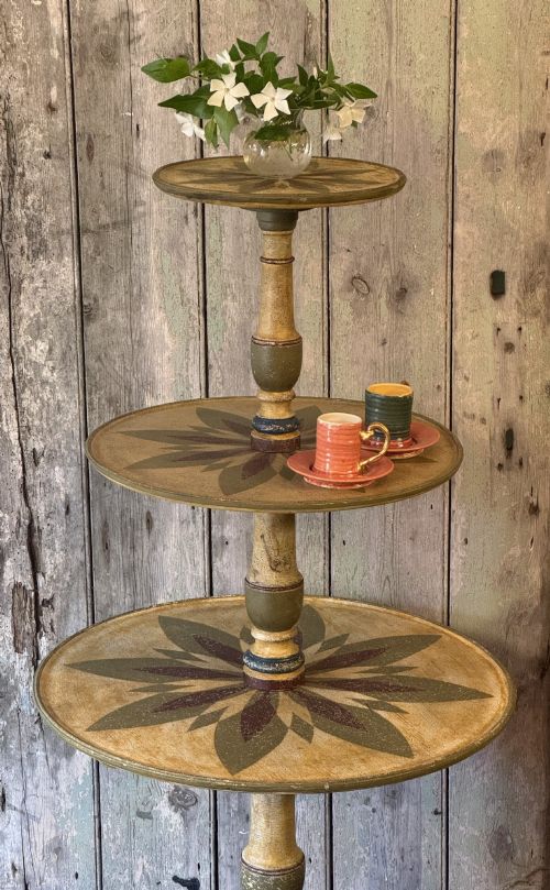 THREE TIER TRIPOD PEDESTAL VICTORIAN TABLE LATER DECORATED - ADDITIONAL PHOTO 2
