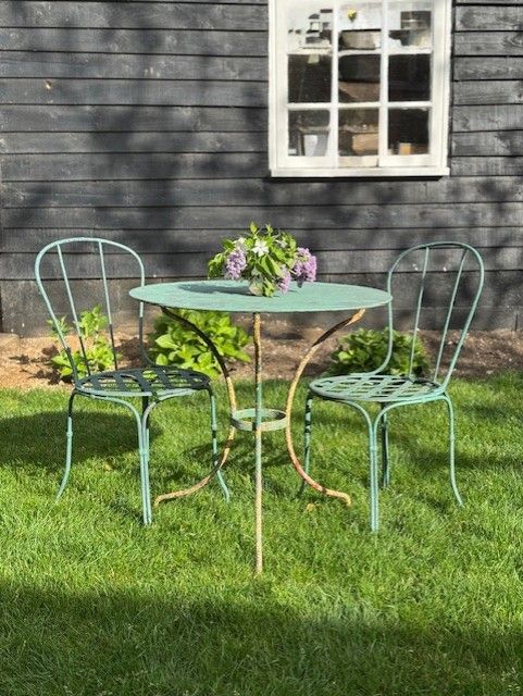 ANTIQUE FRENCH BISTRO TABLE AND PAIR OF BISTRO CHAIRS