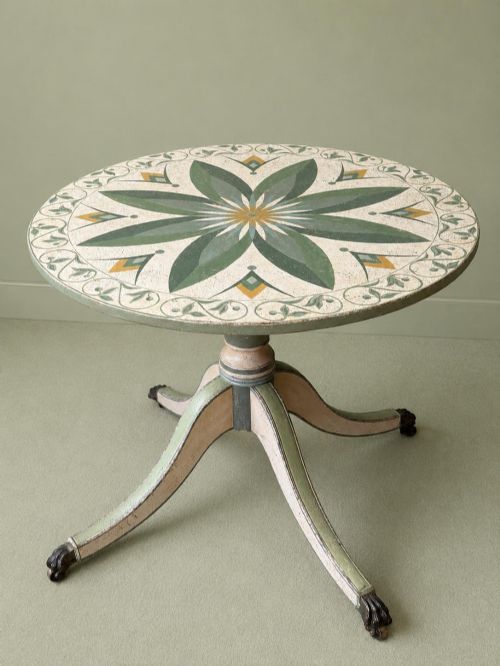 fig 1. A circular Victorian tilt-top table featuring hand-painted geometric and botanical foliage patterns in green and yellow on a cream ground, resting on a tripod base with brass claw feet.