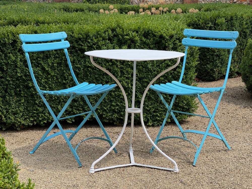 French Bistro Set of Table & Pair of Folding Wooden Chairs View II