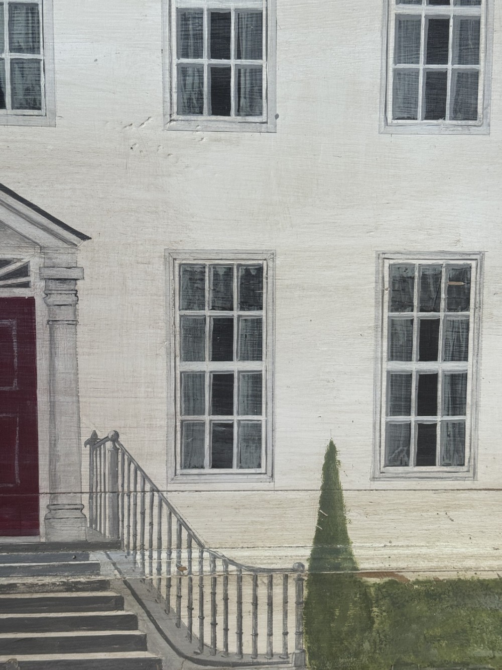 An off-white wooden blanket box hand-painted with a detailed depiction of a Georgian manor house facade featuring a central red door, sash windows, and stone steps. View II