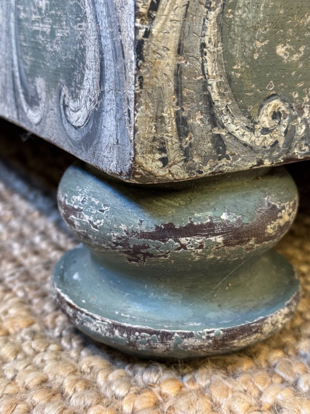 A grey-green hand-painted French Empire chest of drawers featuring guilloche drawer decoration, fluted pilasters, and side cartouche panels. View IX