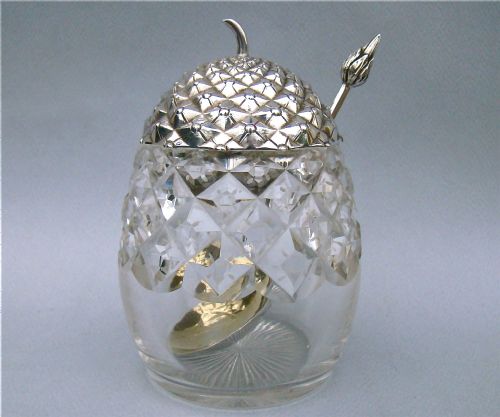 Victorian Silver & Cut Glass Pineapple Preserve Jar with Matching Spoon by Henry Wilkinson, Sheffield 1900