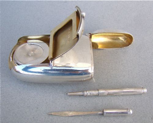 Victorian Silver Combination Vesta/ Sovereign Holder / Stamp Holder with Pencil and Toothpick, by Deakin & Francis, Chester 1898