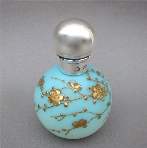 Victorian Silver & Opaline Glass Scent Bottle with Gilt Enamel Decorations by William Harrison Walter, London 1885